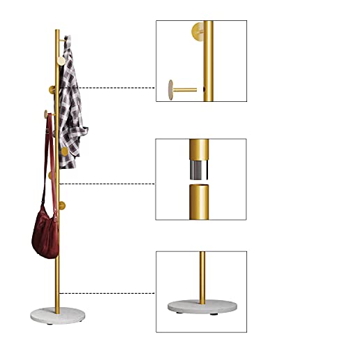 Tieou Free-Standing Coat Rack Gold, Hat Hanger Hall Tree, Metal Coat Hangers For Scarves, Backpacks, Purses, Simple Coat Stand, Stylish Coat Tree With Stable Round Marble Base, 8 Coat Hooks #TOP1