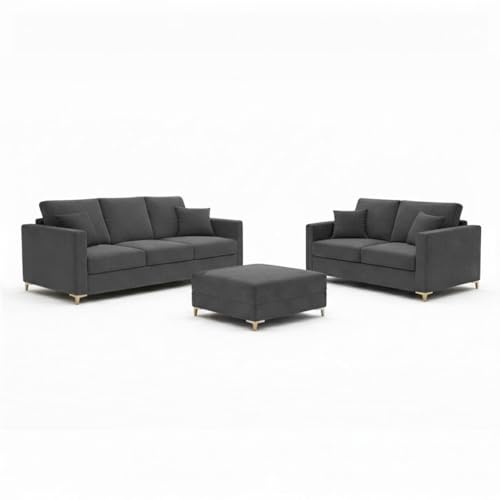 Image of Hayes Rich Velvet Suede 3 Seater + 2 Seater Sofa Set with Ottoman | Golden Aesthetic Legs | 6 Person Seating Capacity | Spacious Soft Touch Comfort | Modern Living Room Sofa (Dark Gray)