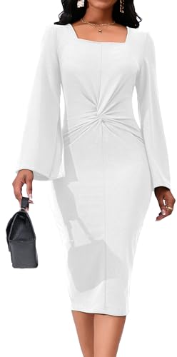 Image of Dresses for Women Elegant Long Sleeves Ruffles Pencil Knee Length Split Business Dress with Belt Zipper