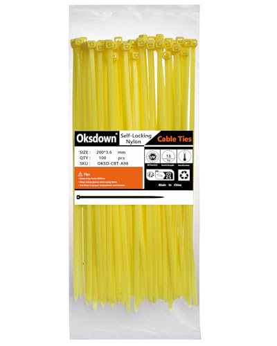 Oksdown Collier de Serrage en Nylon 200 mm × 3,6 mm Attache Câble Plastique Rilsan Serre Câbles, Jaune, Lot de 100 Pièces