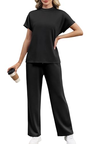 XIEERDUO Womens Lounge Sets Casual Summer Two Piece Outfits Spring Batwing Sleeve Loungewear Airport Tracksuits Travel Track Suits Vacation Clothes Wide Leg Long Pants Matching Clothing Black XL - Thumbnail 2
