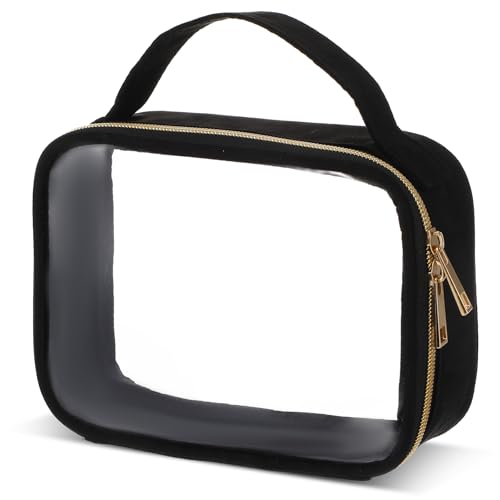 TSA-Approved Clear Toiletry Bag, Large Opening Transparent Makeup Bag with Handle, Quart Sized Travel Cosmetic Bags, Carry-On Airport Airline Compliant Bags for Men Women (Black)