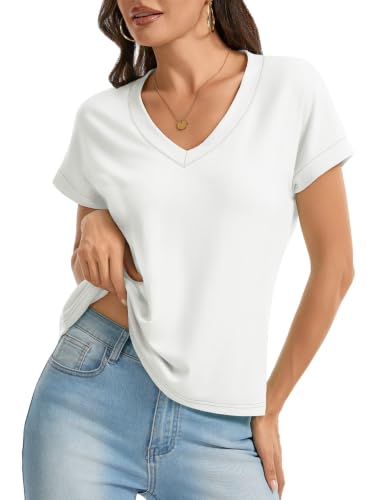 Image of UNCLECAT Womens Crop Tops V Neck Short Sleeve T Shirts Summer Basic Tee