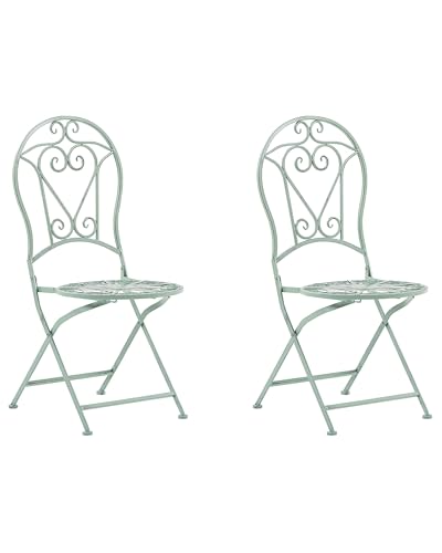 Beliani Lot de 2 Chaises Bistrot Pliantes en Métal Vert avec Ornaments Décoratifs pour Jardin Terrasse ou Balcon au Style Classique et Romantique