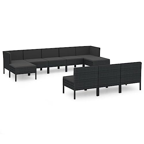 vidaXL Gartenmöbel 10-TLG. mit Auflagen Sitzgruppe Sofa Lounge Garten Garnitur Gartenset Gartensofa Mittelsofa Ecksofa Fußhocker Poly Rattan Schwarz