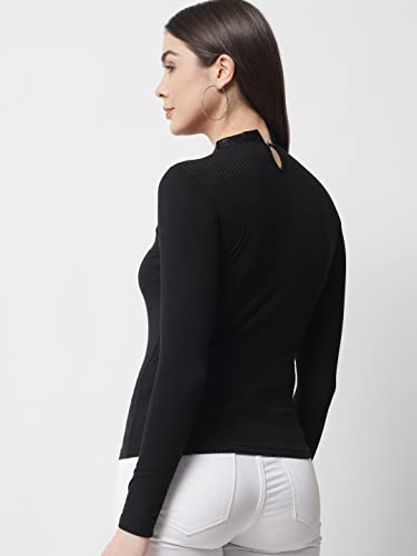 Image of POPWINGS Ribbed Black Full Sleeve Neck Design Top