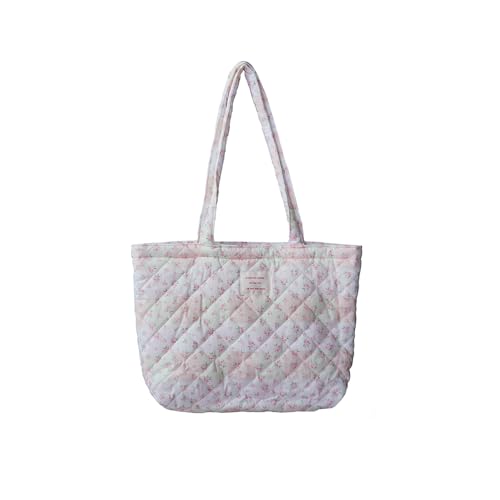 Image of Floral Quilted Cotton Shoulder Bag for Women Daily Use Medium Size Handbag Large Capacity Thickened Design Tote