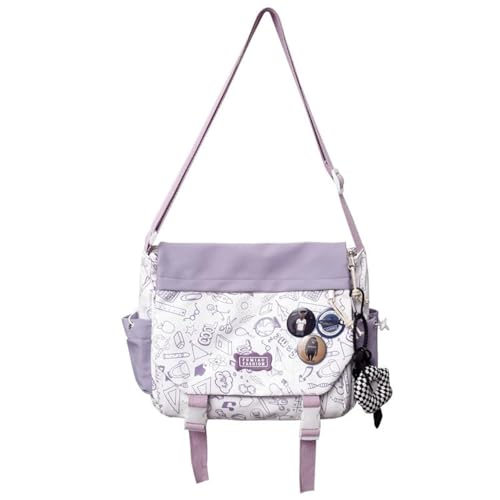Image of Aesthetic Crossbody Bag with Cute Pins and Ornament, Nylon Shoulder Messenger Bag Japanese Kawaii Bag for Women Men