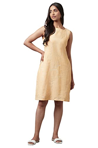 Image of W for Woman Women's Light Orange Cotton Sleeveless Dress with Floral Print Above The Knee