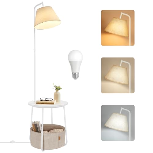 Image of VASAGLE End Table with Lamp, 3-in-1 Floor Lamp with Table and Fabric Basket for Living Room, Tunable LED Bulb Included, Angle-Adjustable Lampshade, Matte White ULFL004WC01S