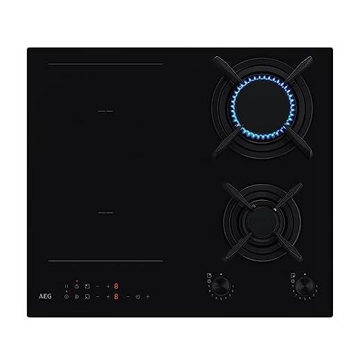 Elettrodomestici AEG Serie 8000 Piano Cottura Misto Gas & Induzione 4 Fuochi da Incasso HF704163NB, 60 cm Funzione Bridge, Fiamma StepPower, 590x520 mm, Griglia in Ghisa, Nero