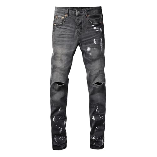 Men’S Y2K High Street Ripped Paint Repair Skinny Pencil Pants Slim Fit Button Fly Slight Stretch Appliques Jeans3
