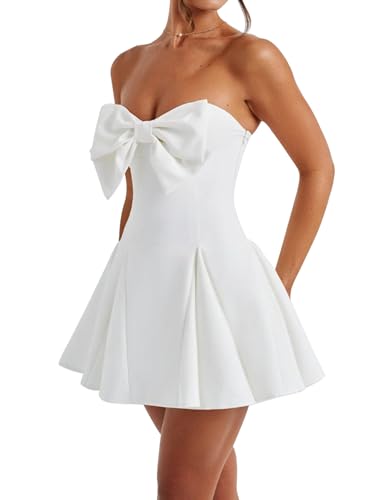 SHESEEWORLD Women's Sexy Summer A-Line Strapless Bow Dress Sleeveless Ruffle Hem High Waist Mini Dress2