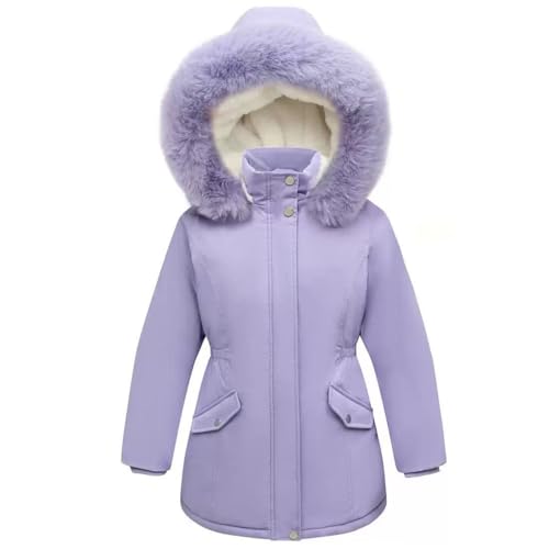 Girl Winter Fleece Coat Long Puffer Jacket with Faux Fur Hood Waterproof Clothes