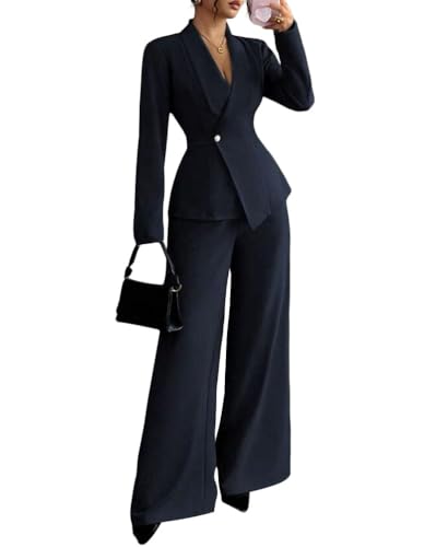 shownicer Hosenanzug Damen Elegant 2 Teilig Business Anzug Set Langarm Zweiteiler V-Ausschnitt Blazer und Weites Bein Hose Festlich Business Mode Damenanzug A Schwarz L