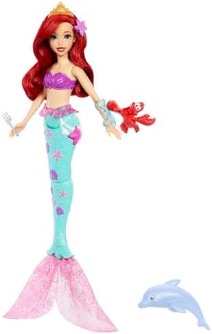 Mattel Disney Prensesi Ariel yüzen deniz kızı bebek ve su püskürten yunus, Sebastian figürü ve 4 aksesuar, Okyanustaki Dostlarım su oyuncağı, JFC39 - Görsel 1