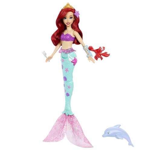 Mattel Disney Princesse Ariel Natation Sirène Poupée Mode avec Dauphin Squirter, Figurine Sebastian et 4 accessoires, Ocean Friends Water Toy