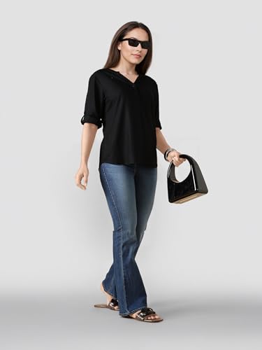 Image of FYLTR Women's Casual Roll -Up Sleeves Rayon V-Neck Top - Western Tops | Shirts for Women | Soft & Comfortable | Tops for Jeans