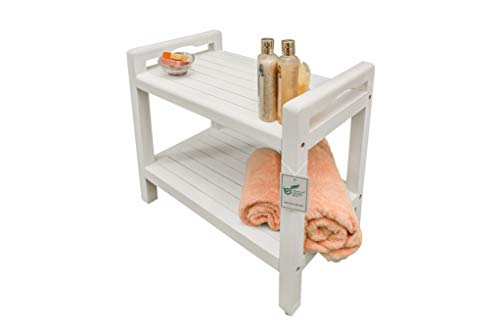 CoastalVogue Eleganto Teak Shower Stool with LiftAid Arms and Shelf, 24 inches, Driftwood - Image 7