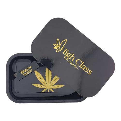 Large Rolling Tray with Magnetic Lid Set 10.5" x 6", Metal Black Rolling Tray with Gold Leaf and Vegan Hemp Papers with Tips in Custom Gift Box