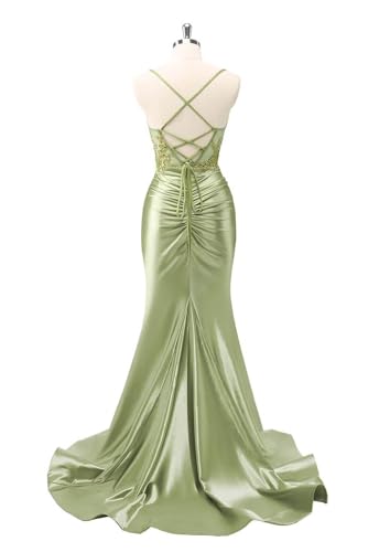 SOLODISH Satin Prom Dresses for Women Spaghetti Straps Lace Applique Corset Mermaid Formal Evening Gown3