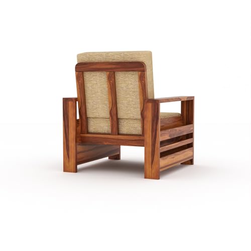 Image of Sheesham Wooden 1 Seater Sofa for Living Room | Rosewood 1 Seater Cushion Sofa with Side Rack | Solid Wood Sofa Set for Lounge (1 Seater,Honey)