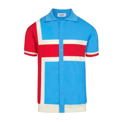 Poloshirt tejido para hombre OXKNIT, estilo personal retro rojo, blanco y azul, algodón con botones miniatura 1
