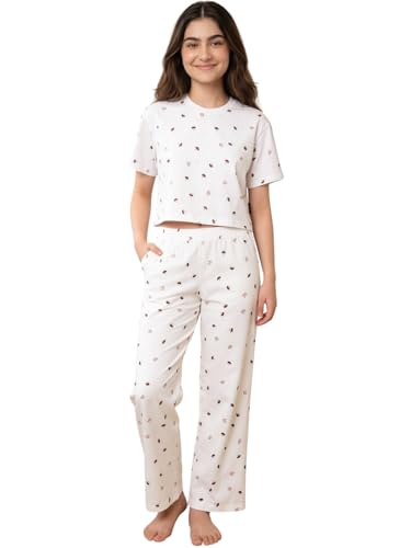 Image of Li'l Tomatoes Girls Cotton Night Suit Set | 100% Cotton Summer Co-Ord Set | Half Sleeve T-Shirt & Full Length Pajama | Soft & Breathable Printed Clothing Set | 9-16 Years