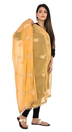 Image of YOUTHQUAKE Golden Patti Embroidered Work Chiffon Dupatta for Womens & Girls with Jaalar Lace