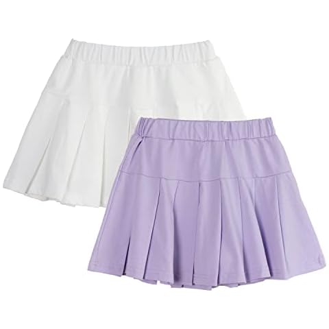 Rolanko Girls Short Elastic Waist Pleated Skirt Kids Tennis School Skirt with Inner Shorts,2 Packs(White Purple,Size: 110/4-5 Years) Cover