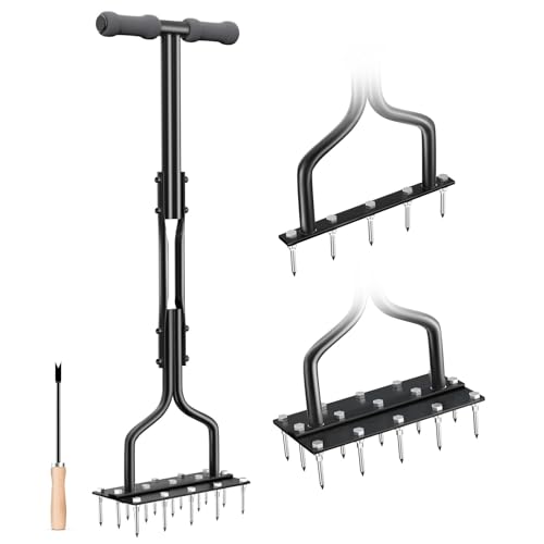 Nucyky Lawn Aerator Spikes Aerating Tool, 2-in-1 Aerator Lawn Spike Aerator with 15 Iron Spikes, Manual Aeration Tools with Padded T-Handle, Yard Aerators for Lawn Yard & Garden