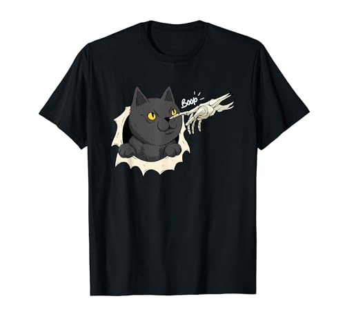 Cat Black Lover Skeleton Hand Boop Funny Halloween Animals Camiseta
