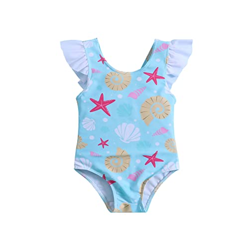 Traje de baño de niña traje de baño de una pieza para niña traje de baño de natación hawaiano con volantes niña de secado rápido, azul, 6-12 meses