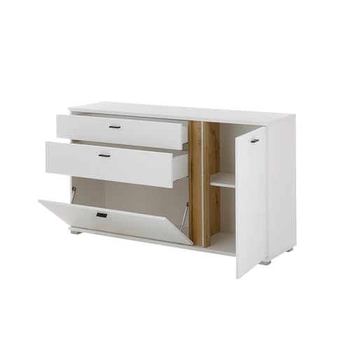 Lomadox Wohnwand Set 5-teilig Wohnzimmermöbel weiß mit Eiche Modern 1 Vitrine, 1 Hochschrank, 1 Lowboard,1 Wandboard, 1 Sideboard inkl LED Beleuchtung – Bild 6