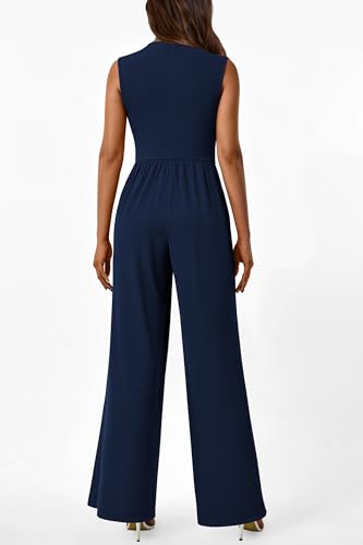 Image of PRETTYGARDEN Women's Summer Dressy Casual Jumpsuits | Cozy Ribbed Fabric, Sleeveless Mock Neck, Back Zipper, Pockets, Wide Leg Pants Rompers, Fashion Clothing, One Piece Outfits