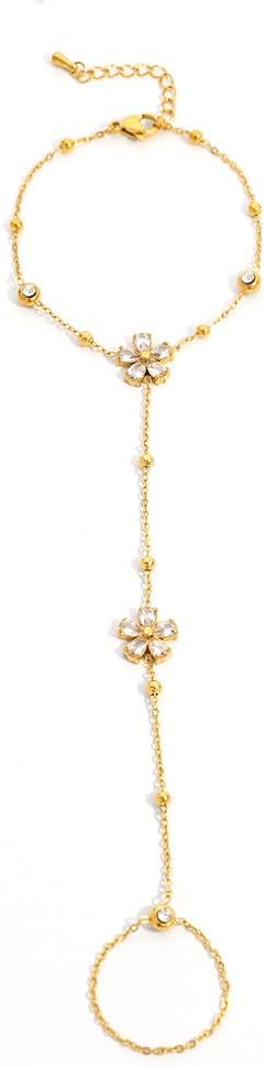 Dainty Flower Hand Chain Bracelet for Women Trendy Pavoi Hand Chain Rings Imitation Cubic Zirconia Stackable Finger Ring Elegant Charm Body Jewelry for Bride Wedding Party Trendy Accessories