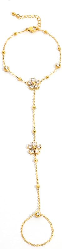 Dainty Flower Hand Chain Bracelet for Women Trendy Pavoi Hand Chain Rings Imitación Cubic Zirconia Stackable Finger Ring Elegant Charm Body Jewelry for Bride Wedding Party Trendy Accessories
