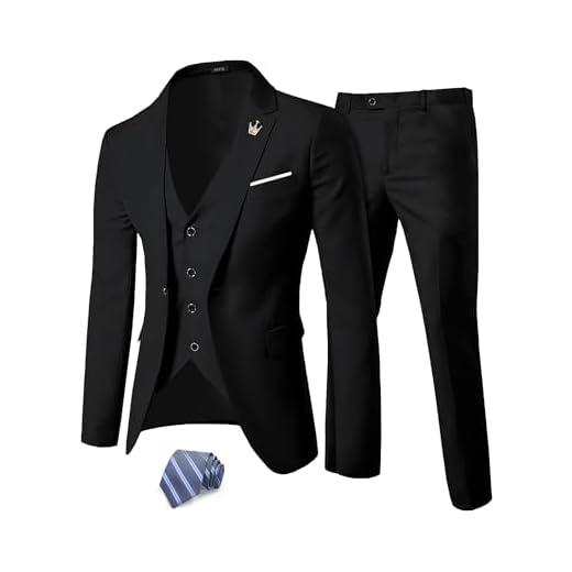 Conjunto de 3 peças de terno masculino sólido da MY's, calça jaqueta de ajuste slim com um botão e gravata, Preto, Small