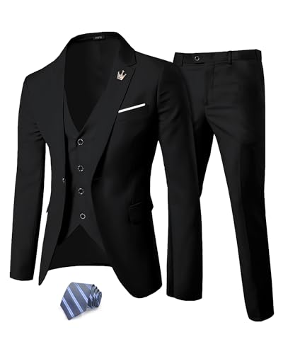 MY'S Men's 3 Piece Solid Suit Set, One Button Slim Fit Jacket Vest Pants with Tie