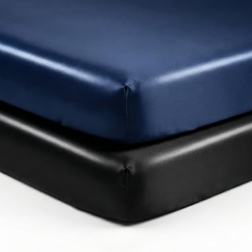Image of Pro Goleem Satin Mini Crib Sheets 2 Pack, Blue & Black Silky Soft Fitted Sheet for Baby Hair Protection, 38"x24"x5" Breathable Mattress Cover Compatible with Pack n Play & Portable Crib