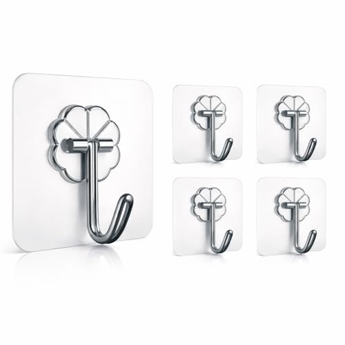 Image of CERLINK Self Adhesive Wall Hooks 5 Pack | Heavy Duty Transparent Sticky Hooks for Wall | No Drill, Waterproof, Strong Hold Hooks for Kitchen, Bathroom & Home (Pack of 5)
