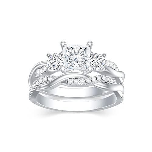 1.46 Carat (ctw) Princess Cut Moissanite Twisted Bridal Sets Engagement Ring Set for Women, White Gold Wedding Band Engagement Rings, Customizable Sterling Silver, 10k gold, 14k gold, 18k gold