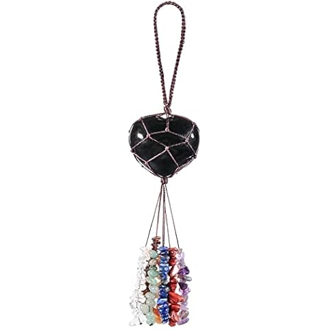 SUNYIK Healing Black Obsidian Stone Heart Shape Hanging Ornament, Handmade Tumbled Crystal Stones Tassels Decoration for Garden Car Chakra Balancing Cover