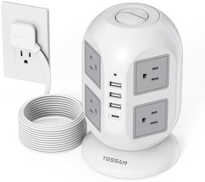 Surge Protector Power Strip, Power Strip Tower with 4 USB Charging Station and 8 AC Outlets 10ft Long Extension Cord