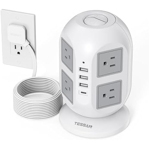 TESSAN Tower Power Strip 10 ft, Long Flat Extension Cord Multiple Outlets