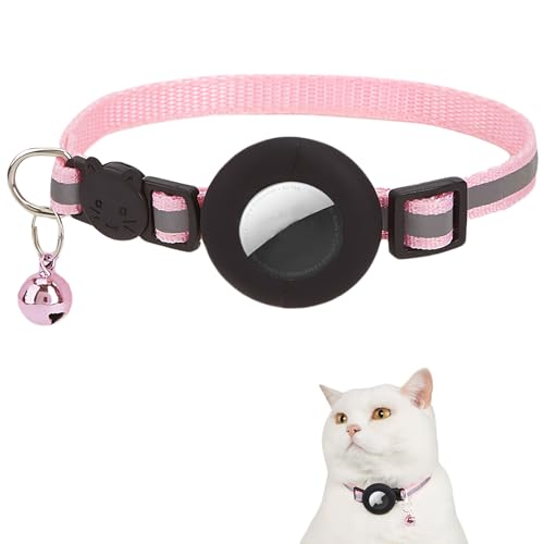 DELUXEFOX エアタグ 猫用首輪 Airtag紛失防止デバイス 犬 猫用 調節可能なペット用首輪 反射デザイン 軽量 紛失防止 洗濯可能 gpsペット 追跡装置 シリコンケース ペットの迷子を防止 ベル付き Airtag対応 (ピンク)