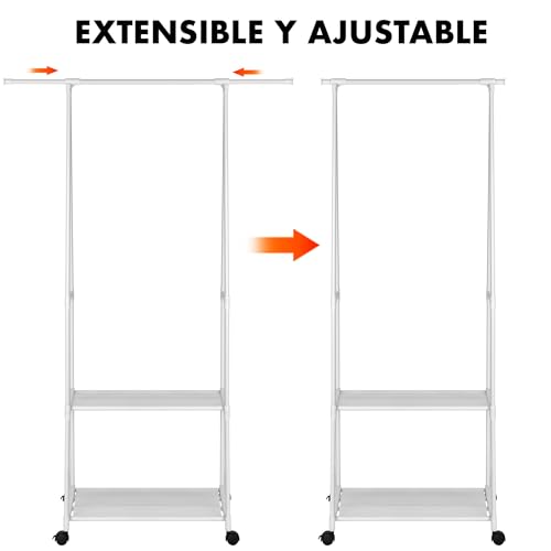 Miniatura 5 de T-Lovendo.Es Perchero Burro Con Barra Extensible, Estantería Y Zapatero Organizador De Ropa Con Ruedas Y Freno Estructura Metálica Resistente Y Ligera Blanco