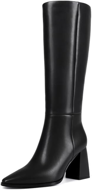 ZJA Knee High Boots Women Pointed Toe Boots Chunky High Heel Tall Fashion Zipper Long Boots 8 Black