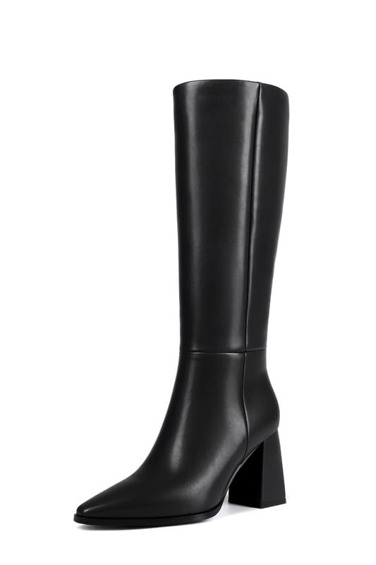 ZJA Knee High Boots Women Pointed Toe Boots Chunky High Heel Tall Fashion Zipper Long Boots