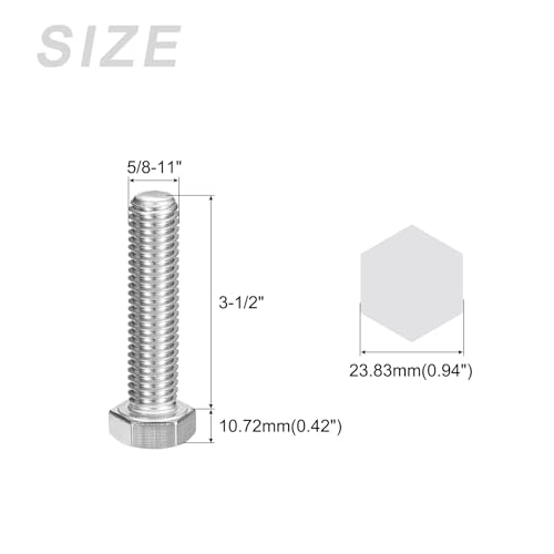 Image of METALLIXITY Hex Head Bolts (5 /8-11 x 3-1 /2 inch) 10Pcs, 304 Stainless Steel 18-8, Fully Threaded, External Hex Drive, Plain Finish, Hex Head Screw Bolt, Silver